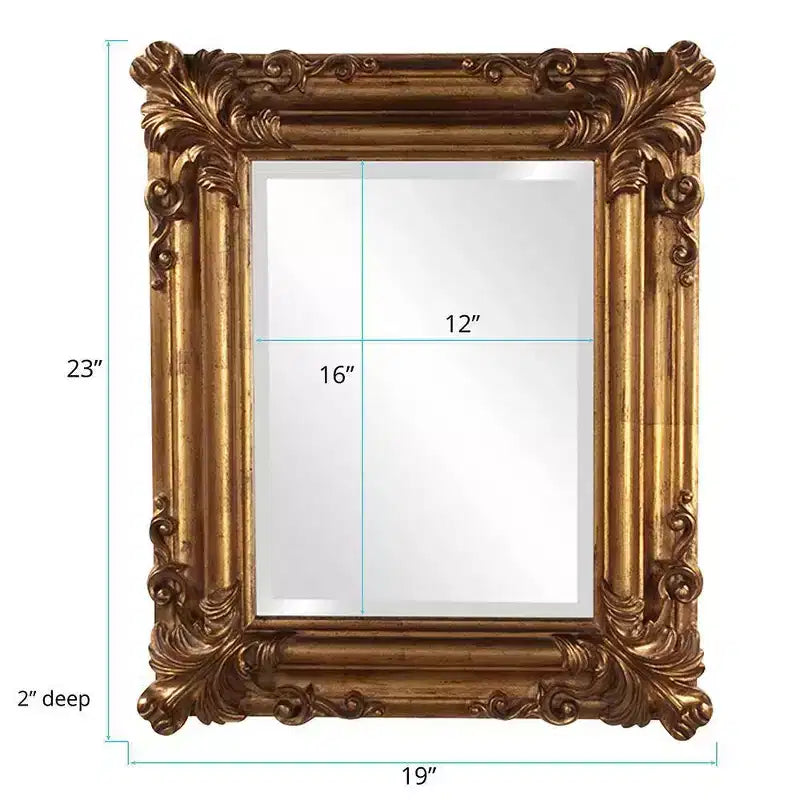 Miroir mural décoratif en bois Howard Elliott Edwin 23"x20", cadre doré : Verre biseauté, style antique, montage vertical/horizontal