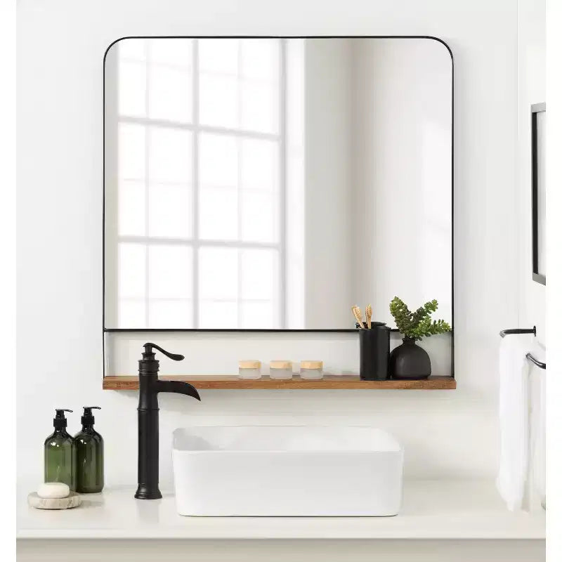 Miroir mural carré 81x81 cm avec étagère naturelle | Style Chadwin