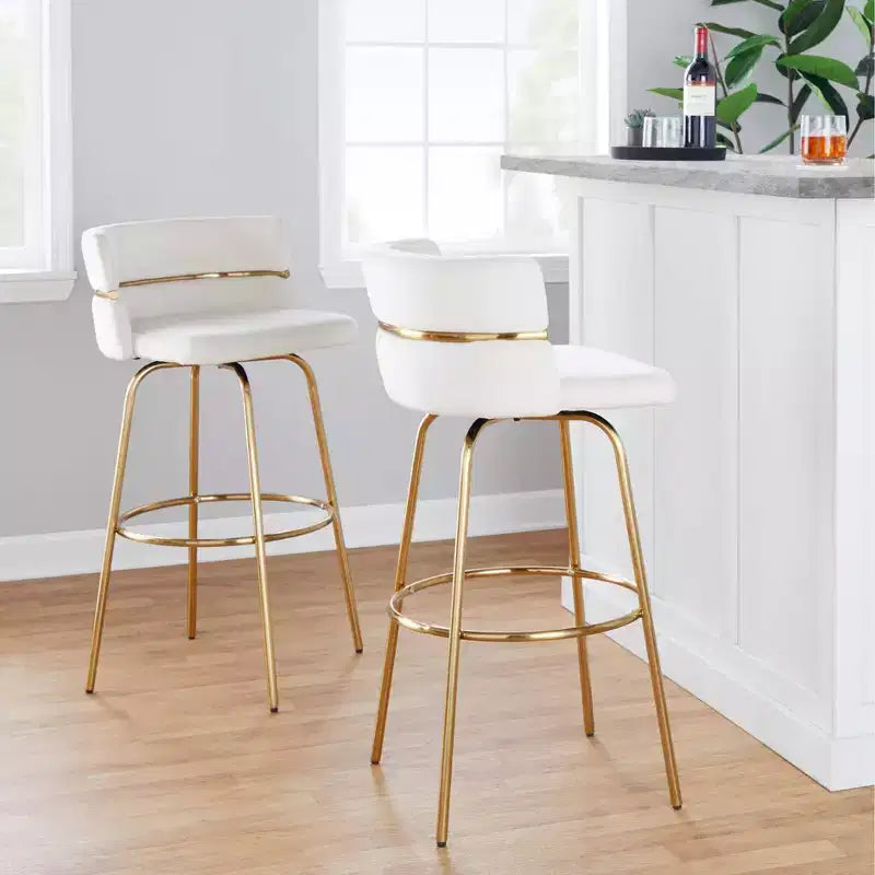 Lot de 2 tabourets de bar pivotants Doré/Crème | Revêtement en velours, base en métal