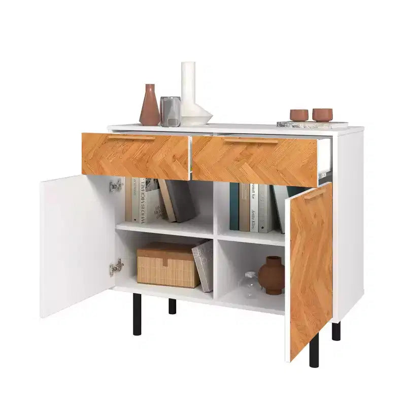 Manhattan Comfort Liam Buffet 4 Étagères Mid-Century Moderne Blanc/Bois