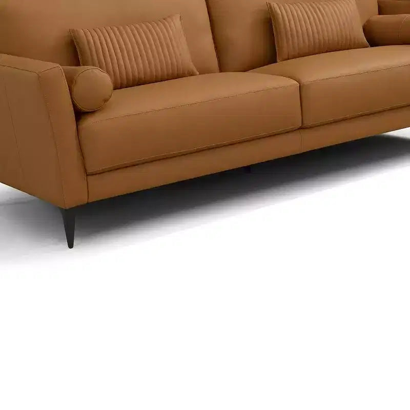 Canapé 84" Cuir marron clair | Fabriqué en Italie, Coussins traversins, Pieds en métal