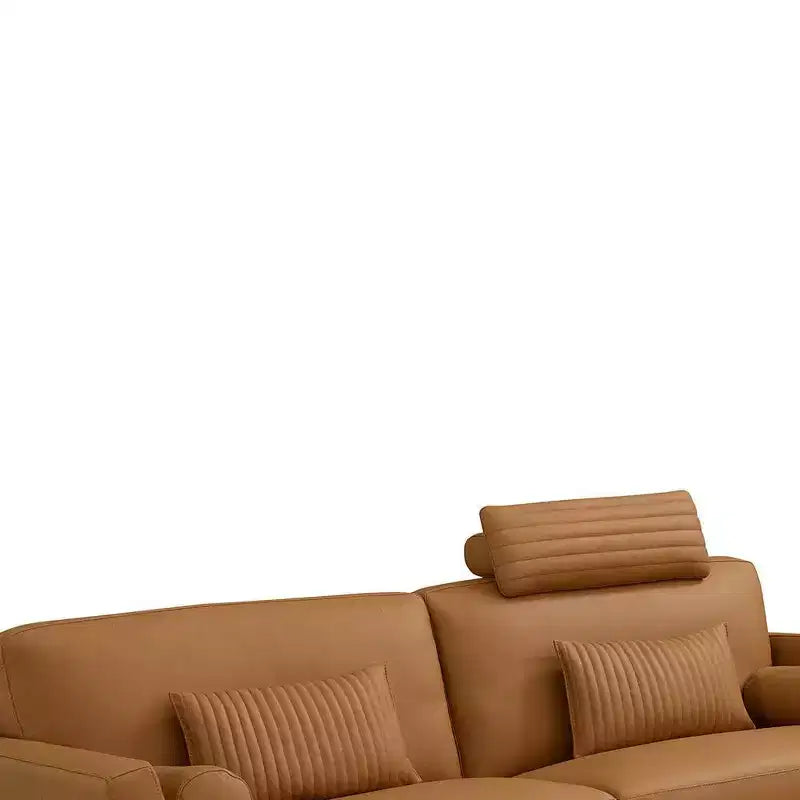 Canapé 84" Cuir marron clair | Fabriqué en Italie, Coussins traversins, Pieds en métal