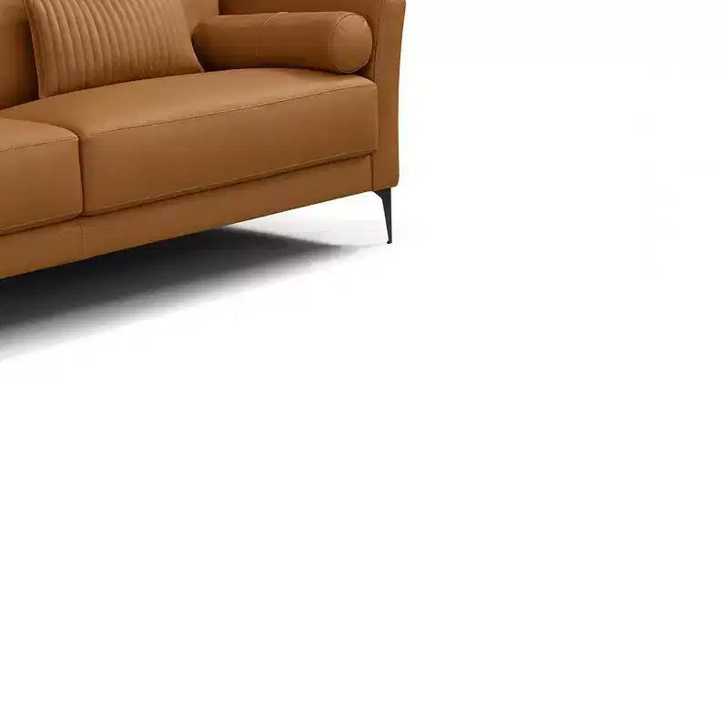 Canapé 84" Cuir marron clair | Fabriqué en Italie, Coussins traversins, Pieds en métal