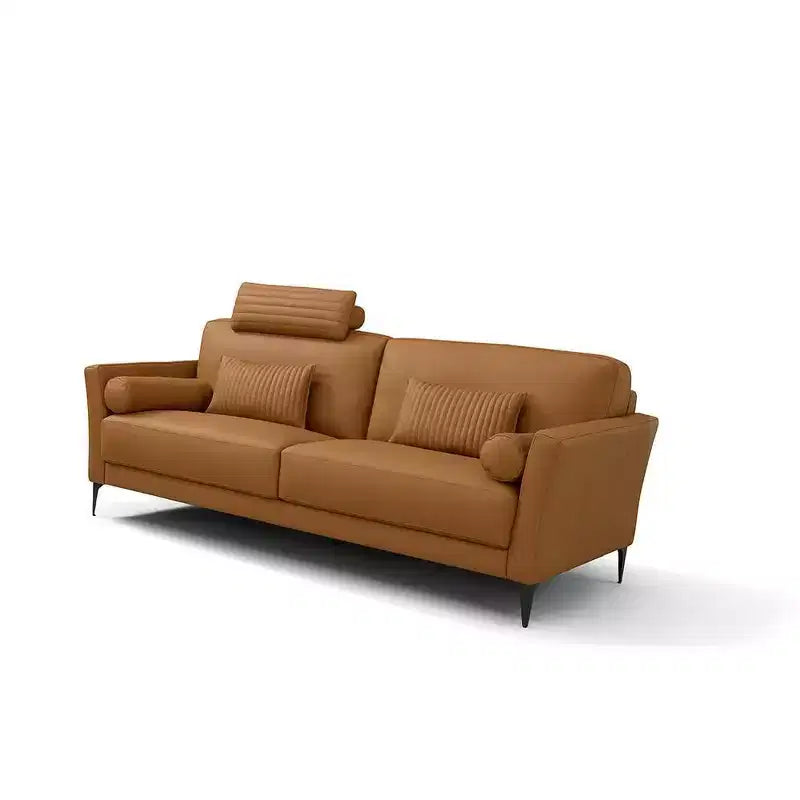 Canapé 84" Cuir marron clair | Fabriqué en Italie, Coussins traversins, Pieds en métal