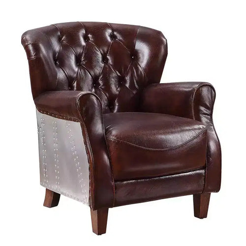 30" Brancaster Accent Chair Vintage Brown/Aluminum - Acme Furniture: Leather Upholstery, Tufted, No Assembly Required