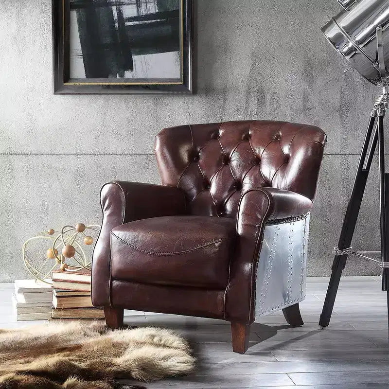 Fauteuil d'appoint Brancaster 30" Marron vintage/Aluminium - Acme Furniture : Revêtement en cuir, Capitonné, Aucun assemblage requis