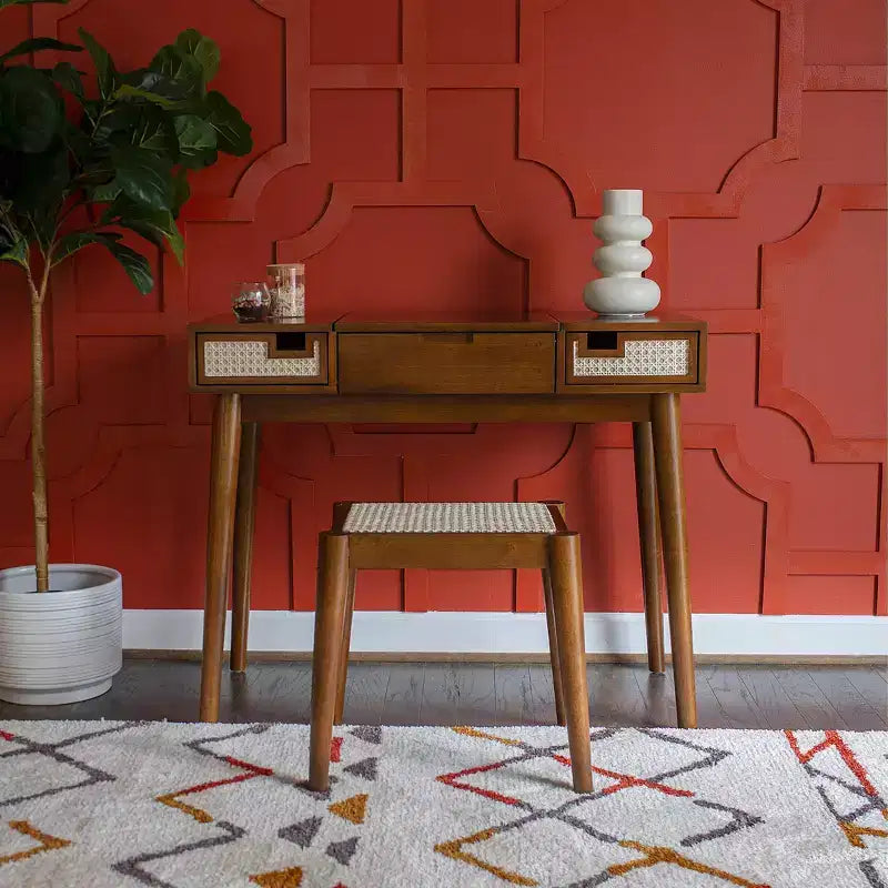 Coiffeuse en bois massif avec tabouret | Miroir basculant et rangement bohèmes