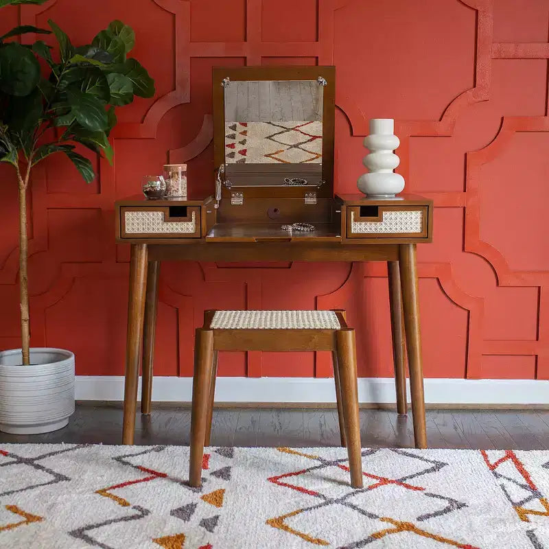 Coiffeuse en bois massif avec tabouret | Miroir basculant et rangement bohèmes
