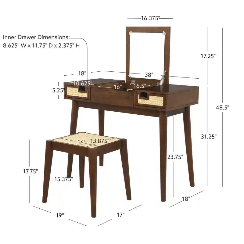 Coiffeuse en bois massif avec tabouret | Miroir basculant et rangement bohèmes