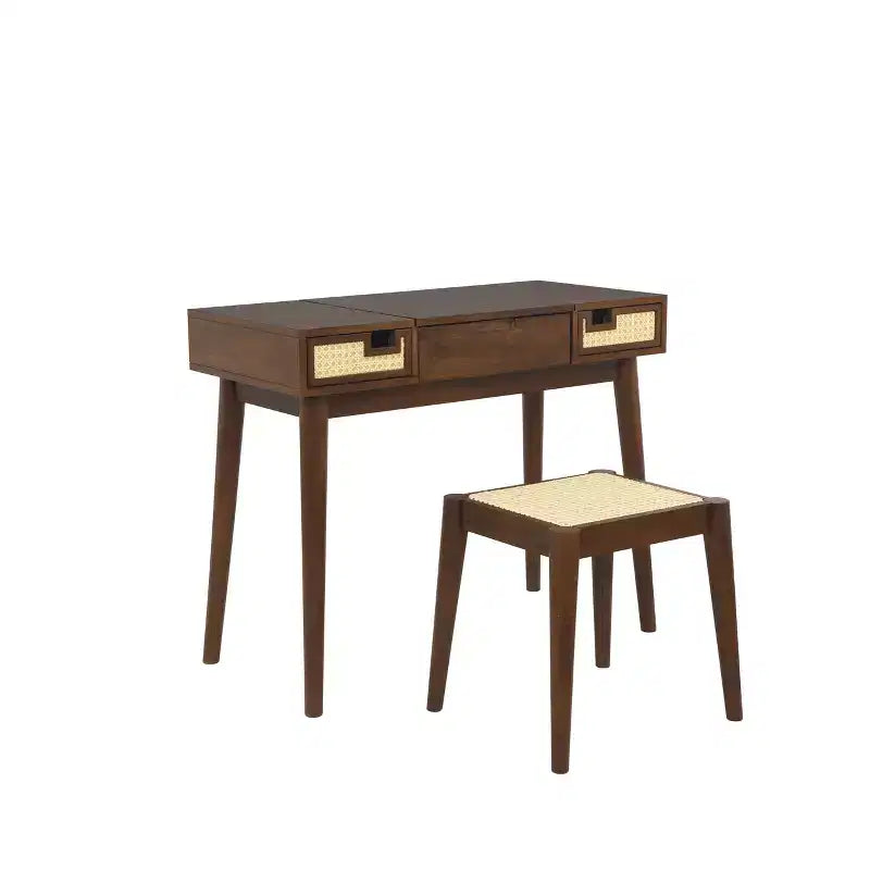 Coiffeuse en bois massif avec tabouret | Miroir basculant et rangement bohèmes