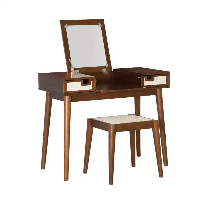 Coiffeuse en bois massif avec tabouret | Miroir basculant et rangement bohèmes