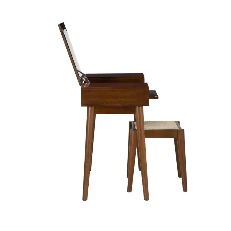 Coiffeuse en bois massif avec tabouret | Miroir basculant et rangement bohèmes