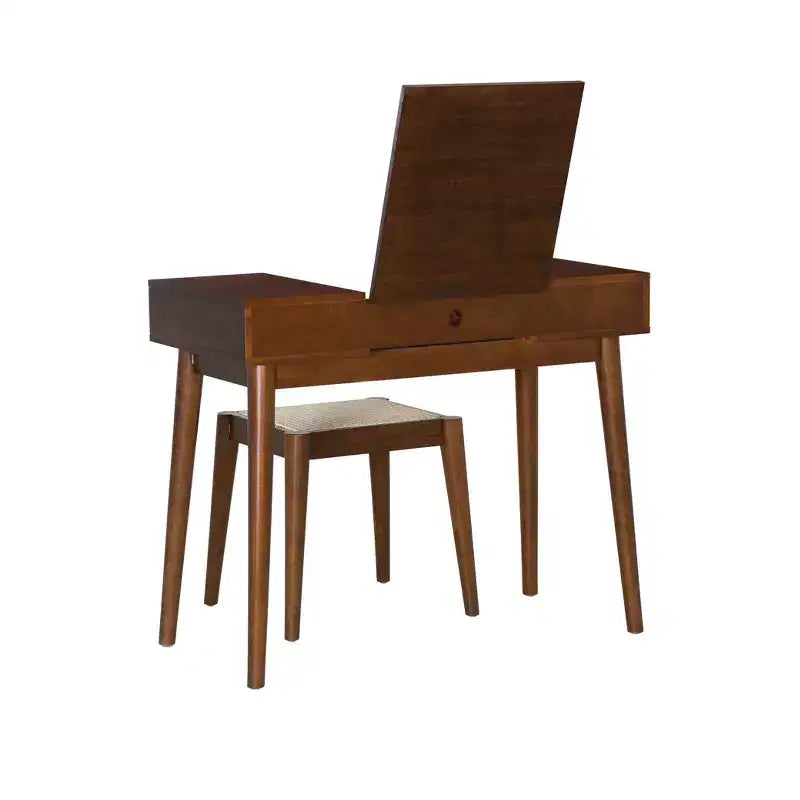 Coiffeuse en bois massif avec tabouret | Miroir basculant et rangement bohèmes