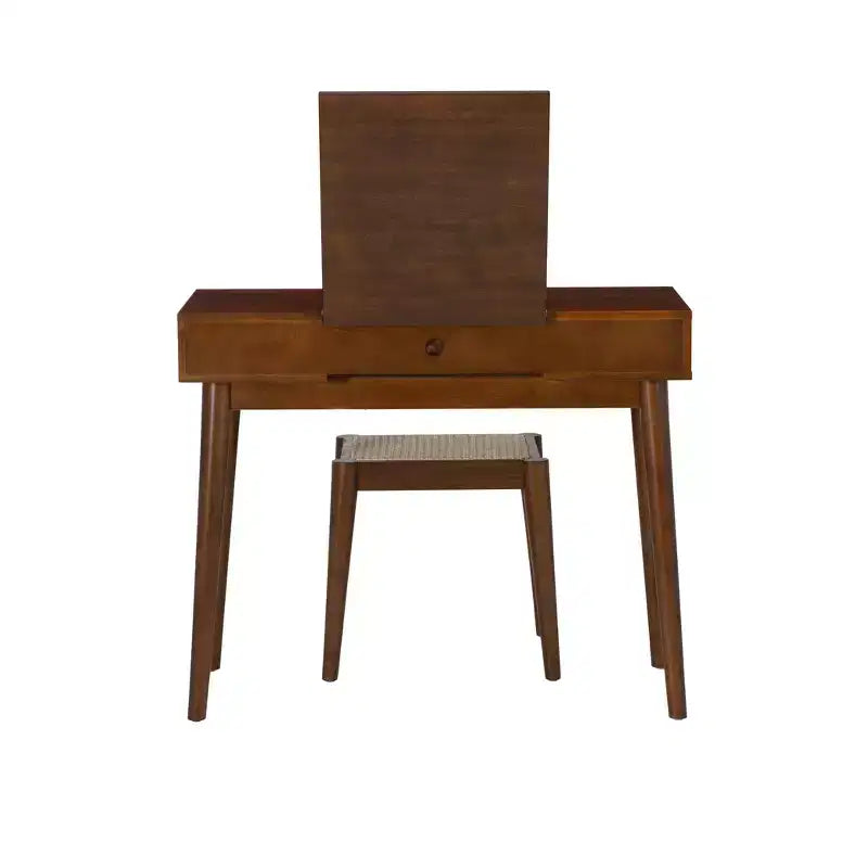 Coiffeuse en bois massif avec tabouret | Miroir basculant et rangement bohèmes