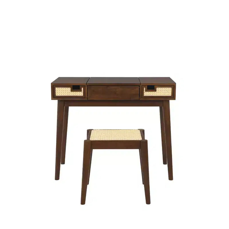 Coiffeuse en bois massif avec tabouret | Miroir basculant et rangement bohèmes