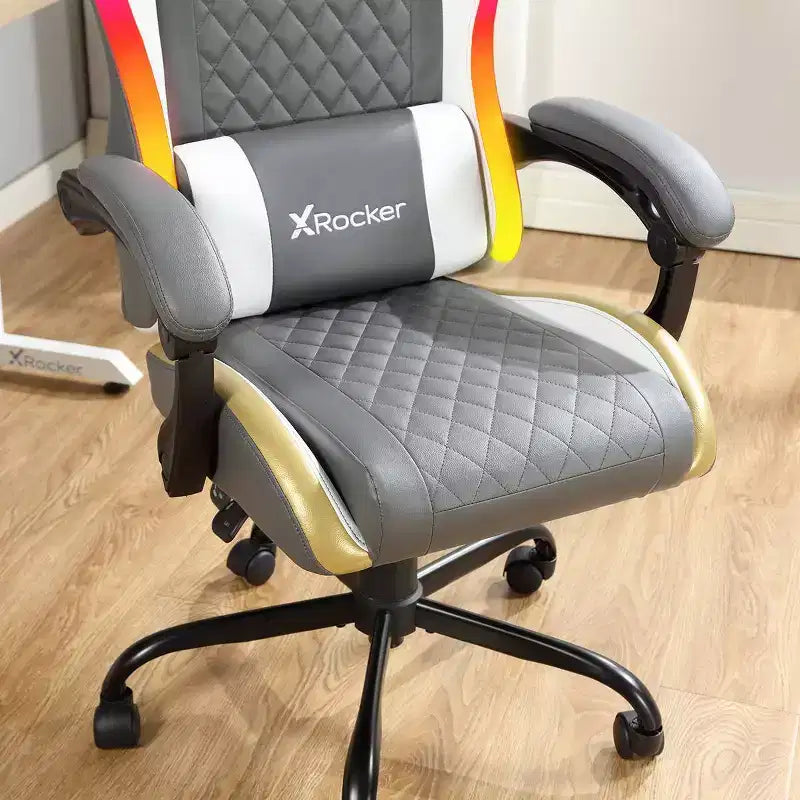 Chaise de gaming ergonomique PC LED RGB | Gris, Blanc & Or