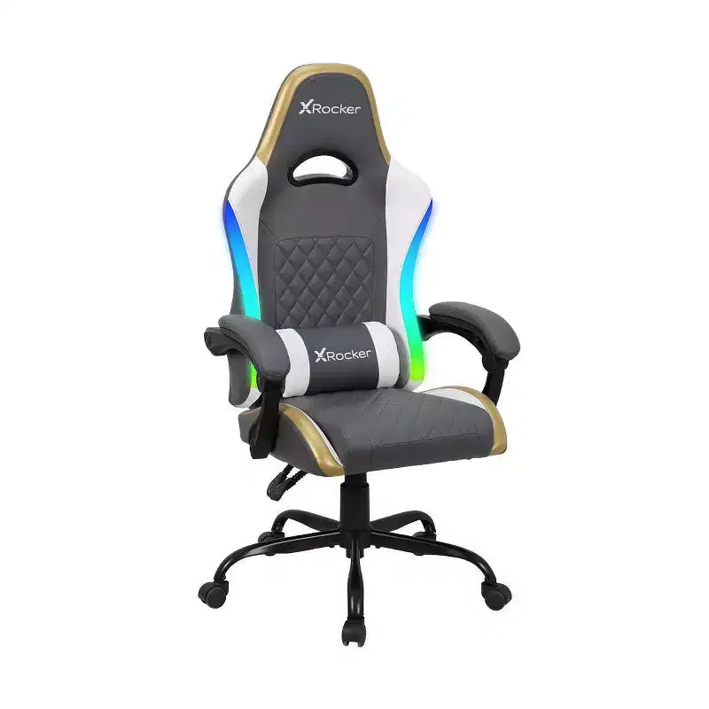 Chaise de gaming ergonomique PC LED RGB | Gris, Blanc & Or