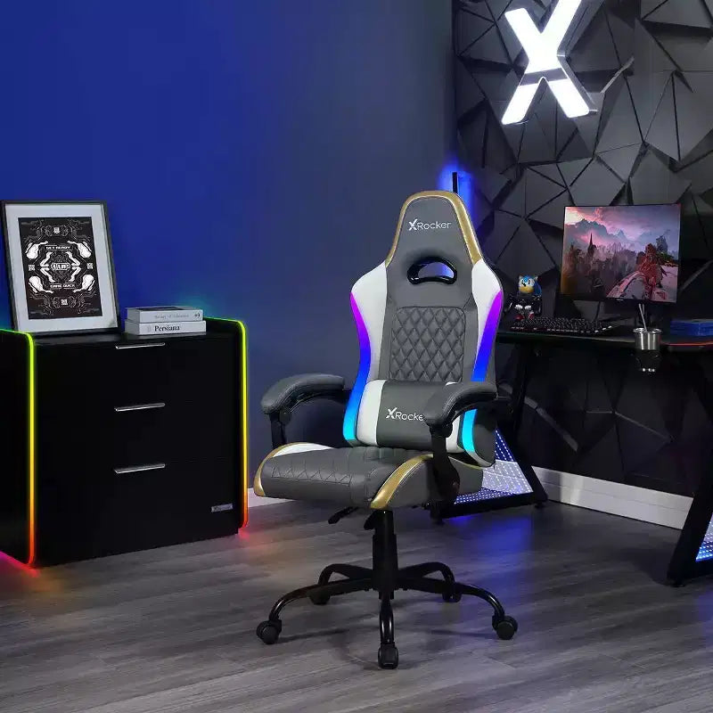 Chaise de gaming ergonomique PC LED RGB | Gris, Blanc & Or