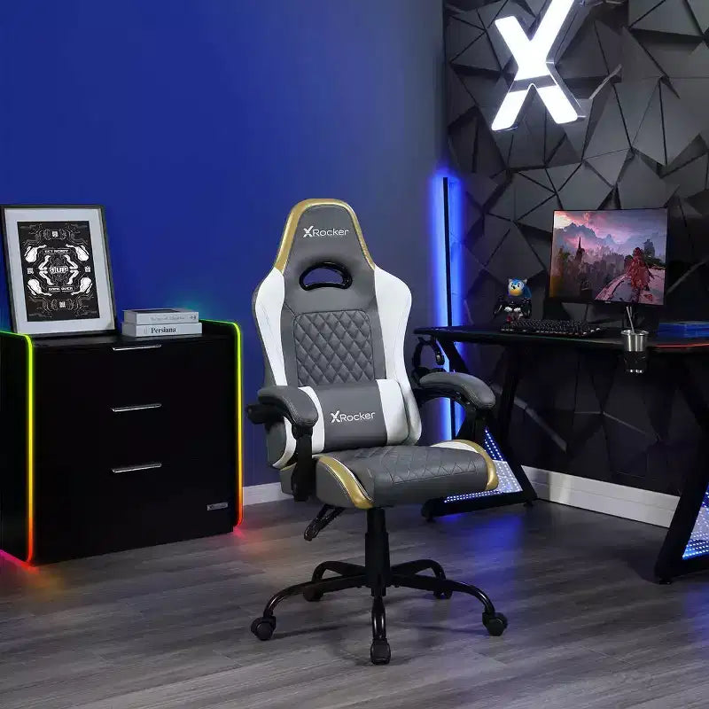 Chaise de gaming ergonomique PC LED RGB | Gris, Blanc & Or