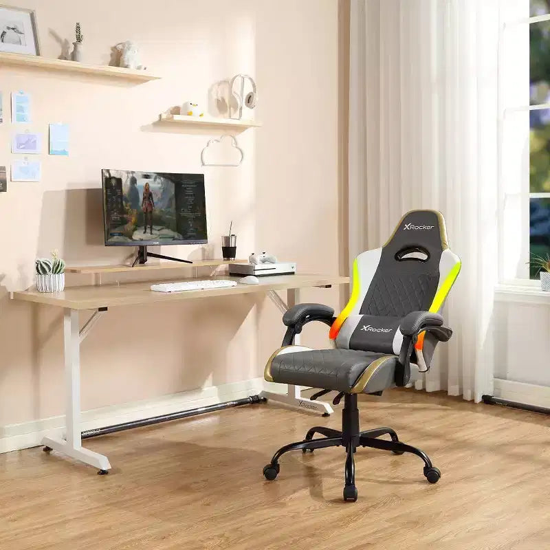 Chaise de gaming ergonomique PC LED RGB | Gris, Blanc & Or
