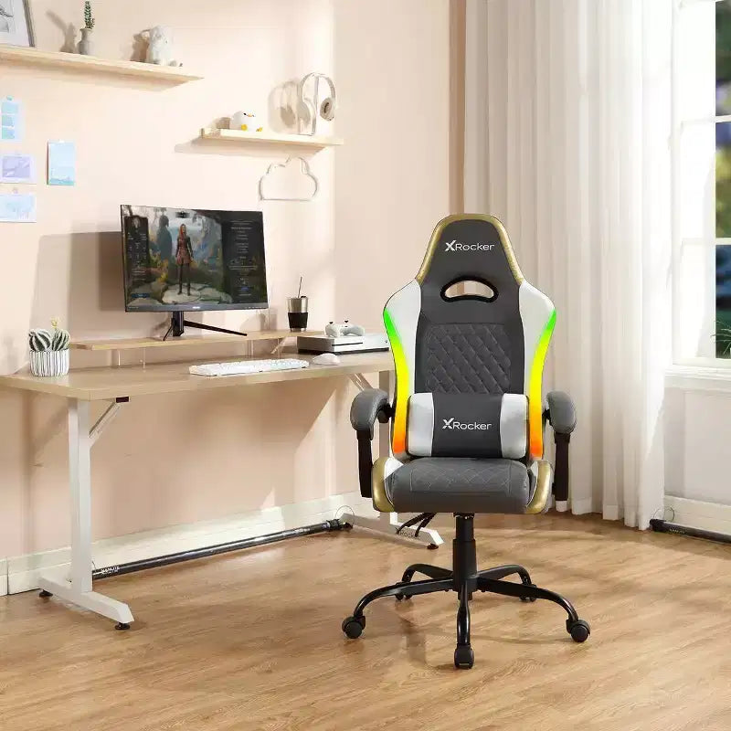 Chaise de gaming ergonomique PC LED RGB | Gris, Blanc & Or