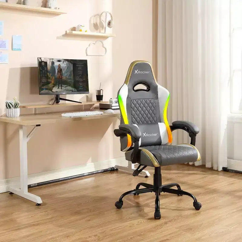 Chaise de gaming ergonomique PC LED RGB | Gris, Blanc & Or