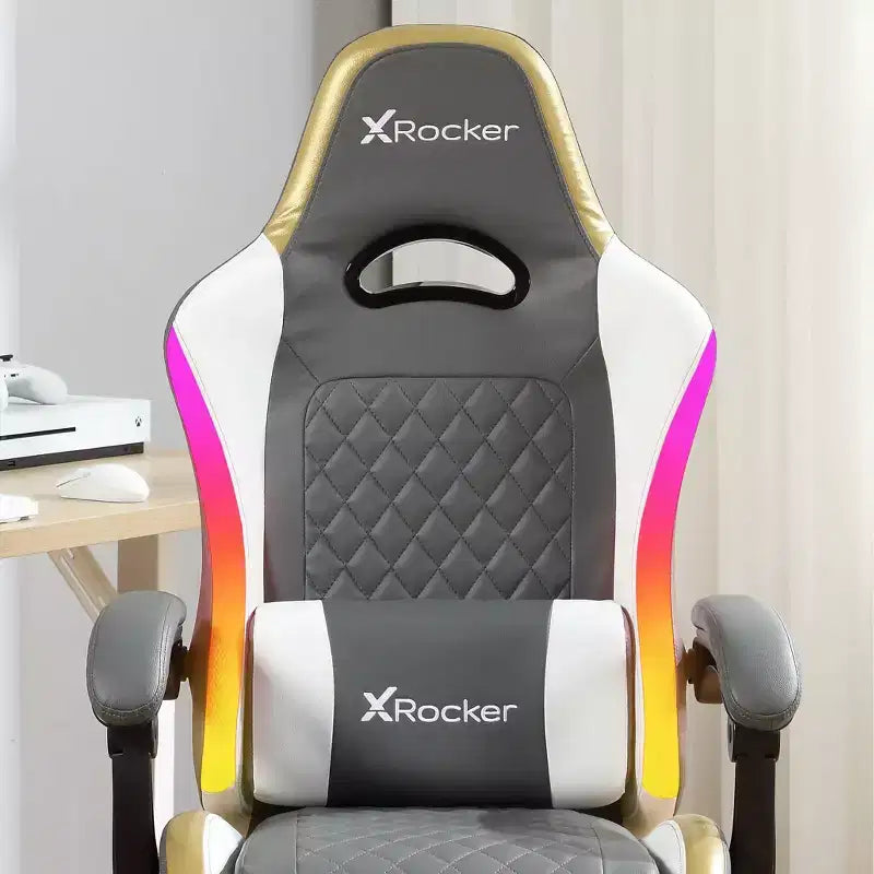 Chaise de gaming ergonomique PC LED RGB | Gris, Blanc & Or