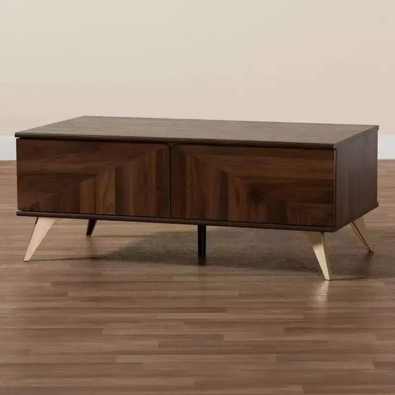 Table basse en bois à 2 tiroirs - Noyer brun et doré | Rangement de style Mid-Century
