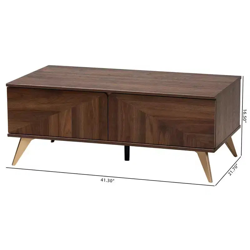 Table basse en bois à 2 tiroirs - Noyer brun et doré | Rangement de style Mid-Century