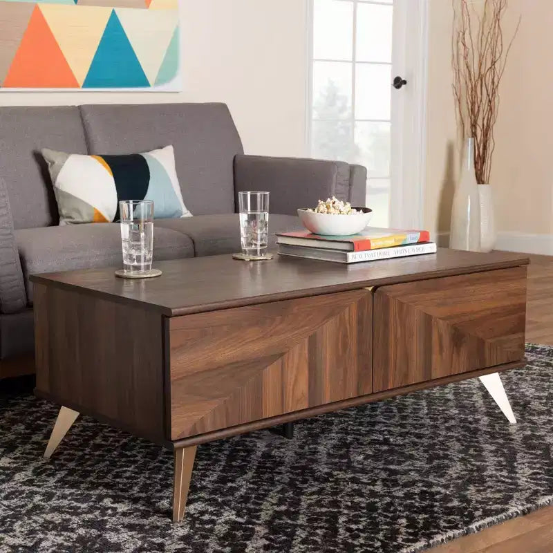 Table basse en bois à 2 tiroirs - Noyer brun et doré | Rangement de style Mid-Century