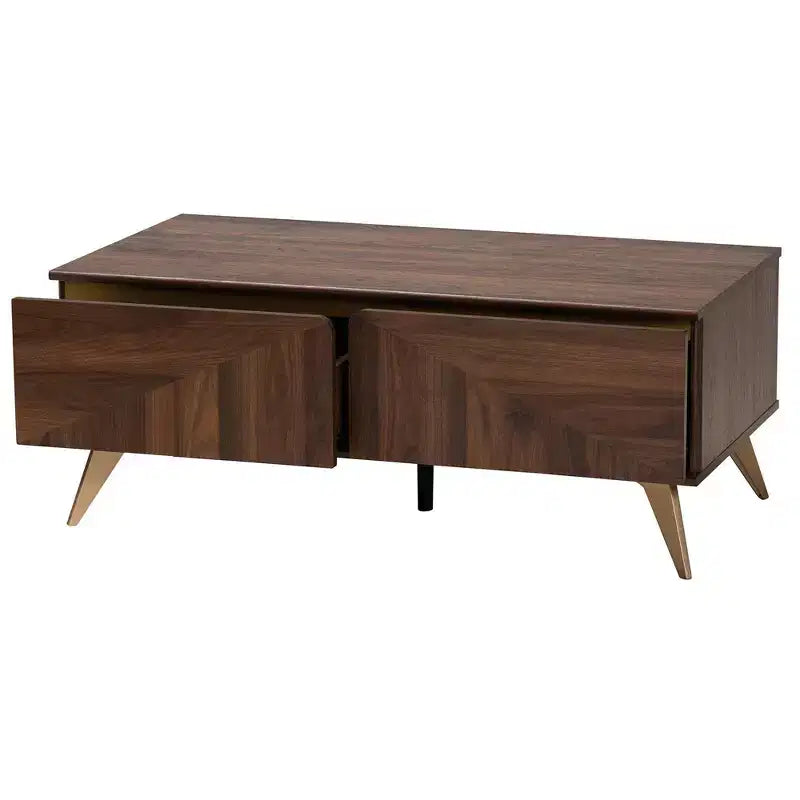 Table basse en bois à 2 tiroirs - Noyer brun et doré | Rangement de style Mid-Century