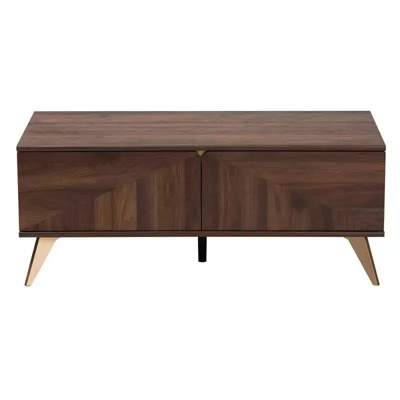 Table basse en bois à 2 tiroirs - Noyer brun et doré | Rangement de style Mid-Century