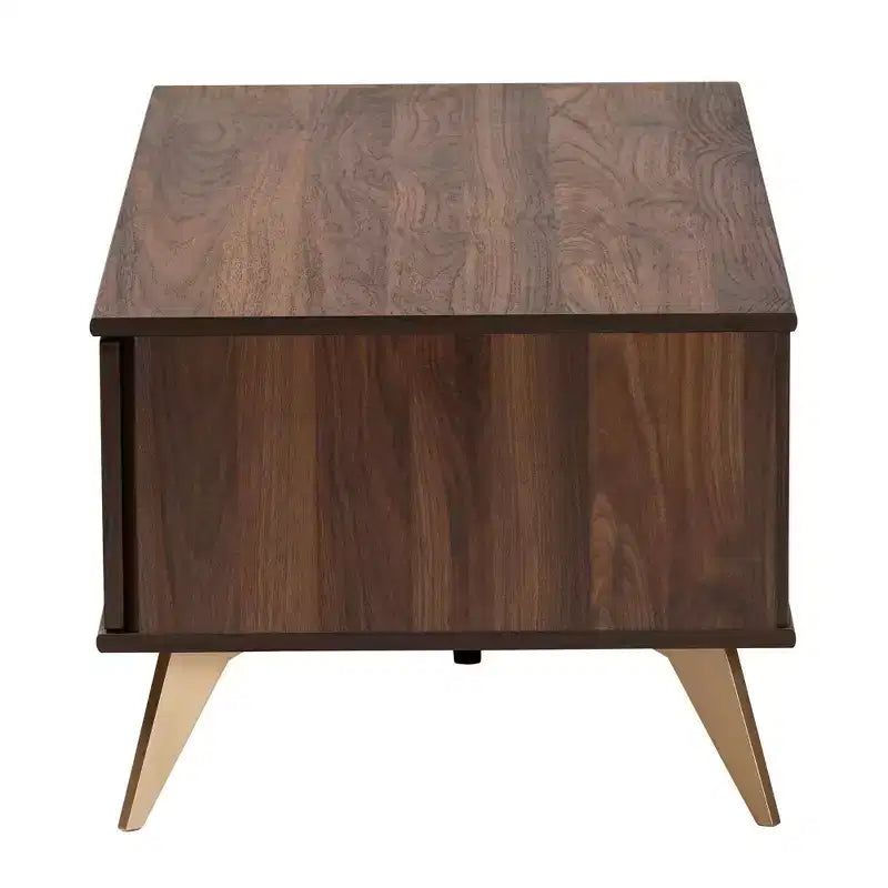 Table basse en bois à 2 tiroirs - Noyer brun et doré | Rangement de style Mid-Century