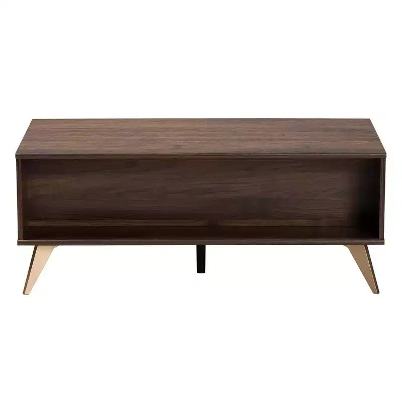 Table basse en bois à 2 tiroirs - Noyer brun et doré | Rangement de style Mid-Century