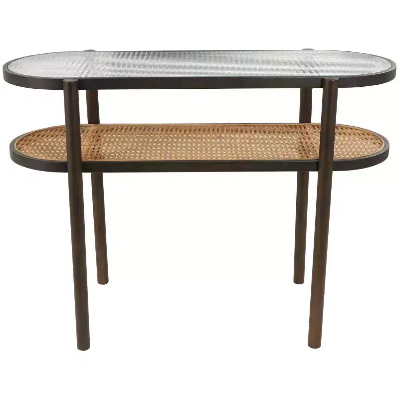 Console en rotin avec plateau en verre trempé marron | Style Campagne
