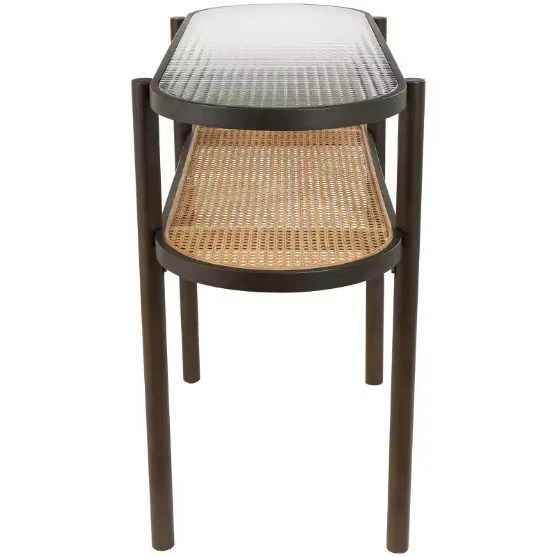 Console en rotin avec plateau en verre trempé marron | Style Campagne