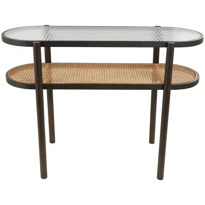 Console en rotin avec plateau en verre trempé marron | Style Campagne
