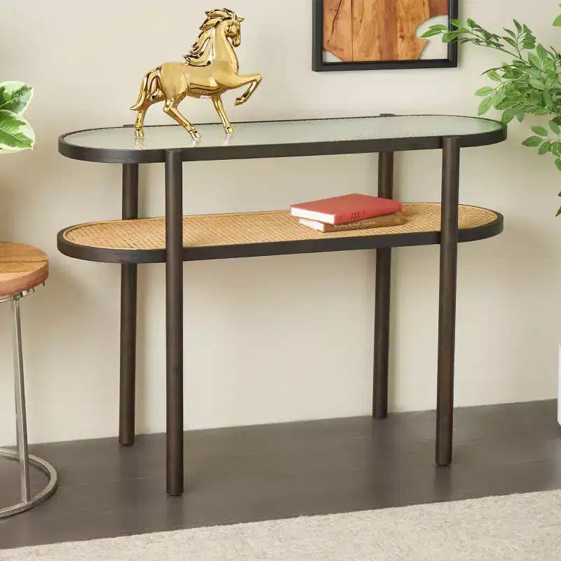 Console en rotin avec plateau en verre trempé marron | Style Campagne