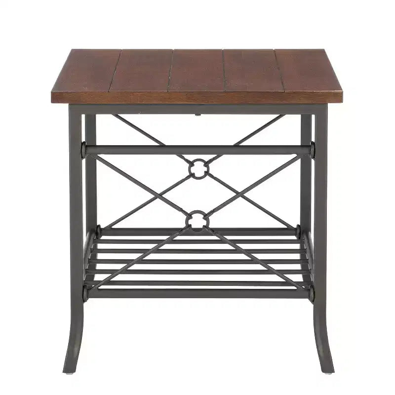 Powell Richie 3pc Coffee and Side Table Set Dark Bronze Finish Metal and Chestnut Vaneer Top: Rectangle Living Room Furniture Set