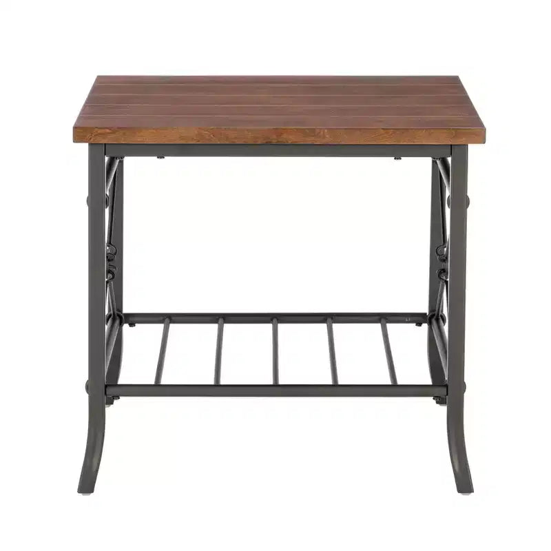Ensemble de 3 tables basses et d'appoint | Métal bronze foncé, plateau en placage couleur châtaigne