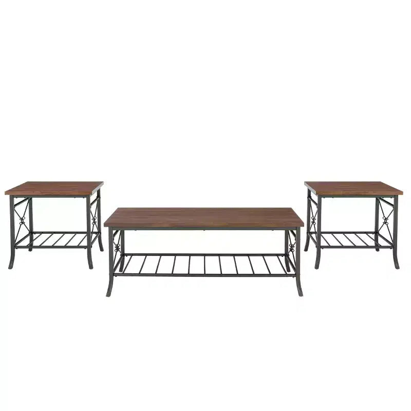 Ensemble de 3 tables basses et d'appoint | Métal bronze foncé, plateau en placage couleur châtaigne