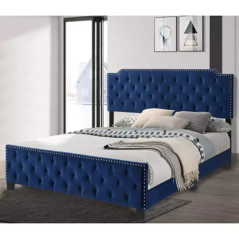 Lit panneau capitonné California King avec clous décoratifs | Bleu marine