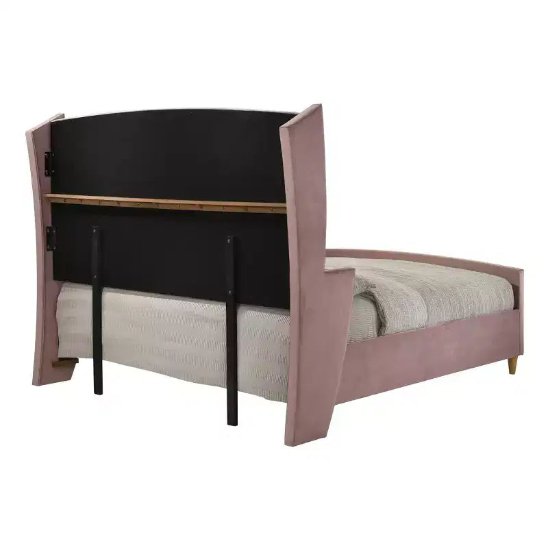 Lit plateforme capitonné 90" Eastern King | Velours rose, cadre en métal brillant