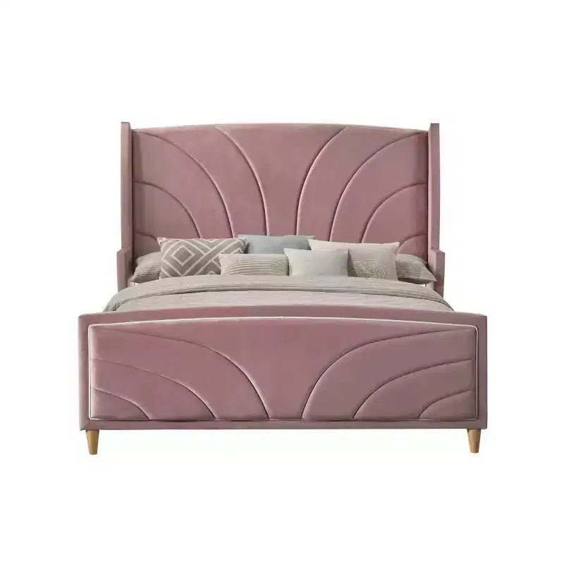 Lit plateforme capitonné 90" Eastern King | Velours rose, cadre en métal brillant