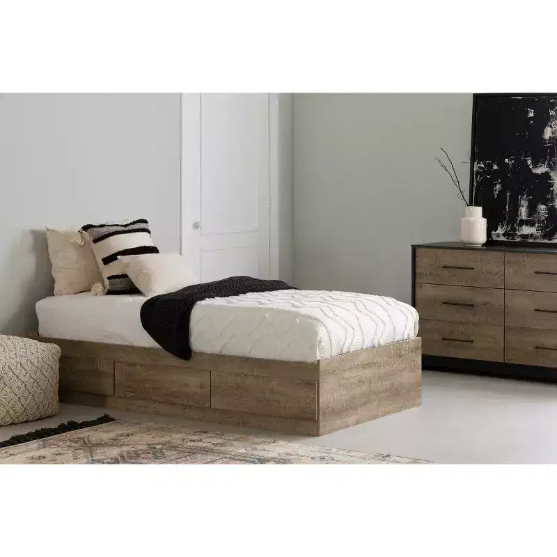 Lit jumeau Chêne vieilli marron | Tiroir de rangement, capacité 113 kg