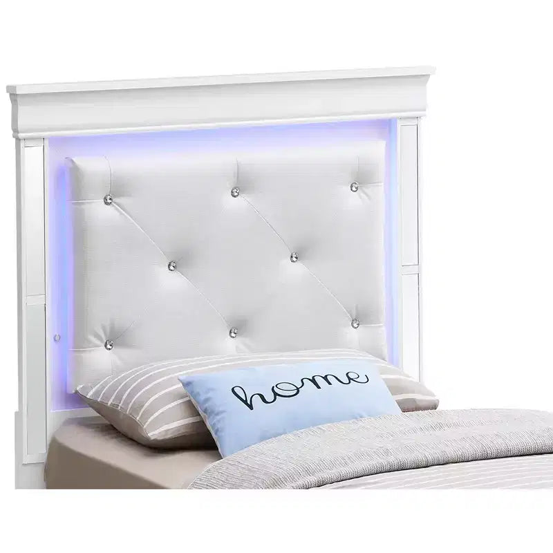 Lit double avec tête de lit LED | Cuir capitonné, finition bois gaufré