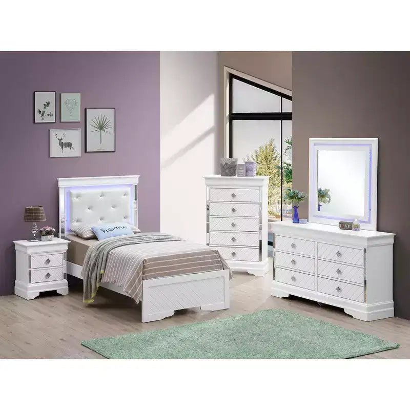 Lit double avec tête de lit LED | Cuir capitonné, finition bois gaufré