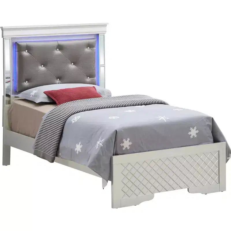 Lit double avec tête de lit LED | Cuir capitonné, finition bois gaufré