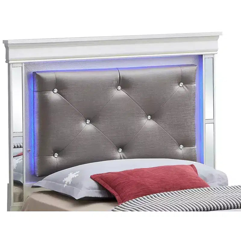 Lit double avec tête de lit LED | Cuir capitonné, finition bois gaufré