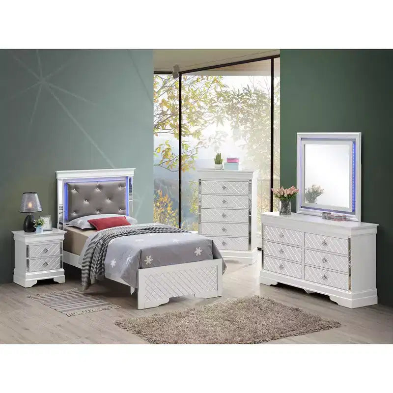 Lit double avec tête de lit LED | Cuir capitonné, finition bois gaufré